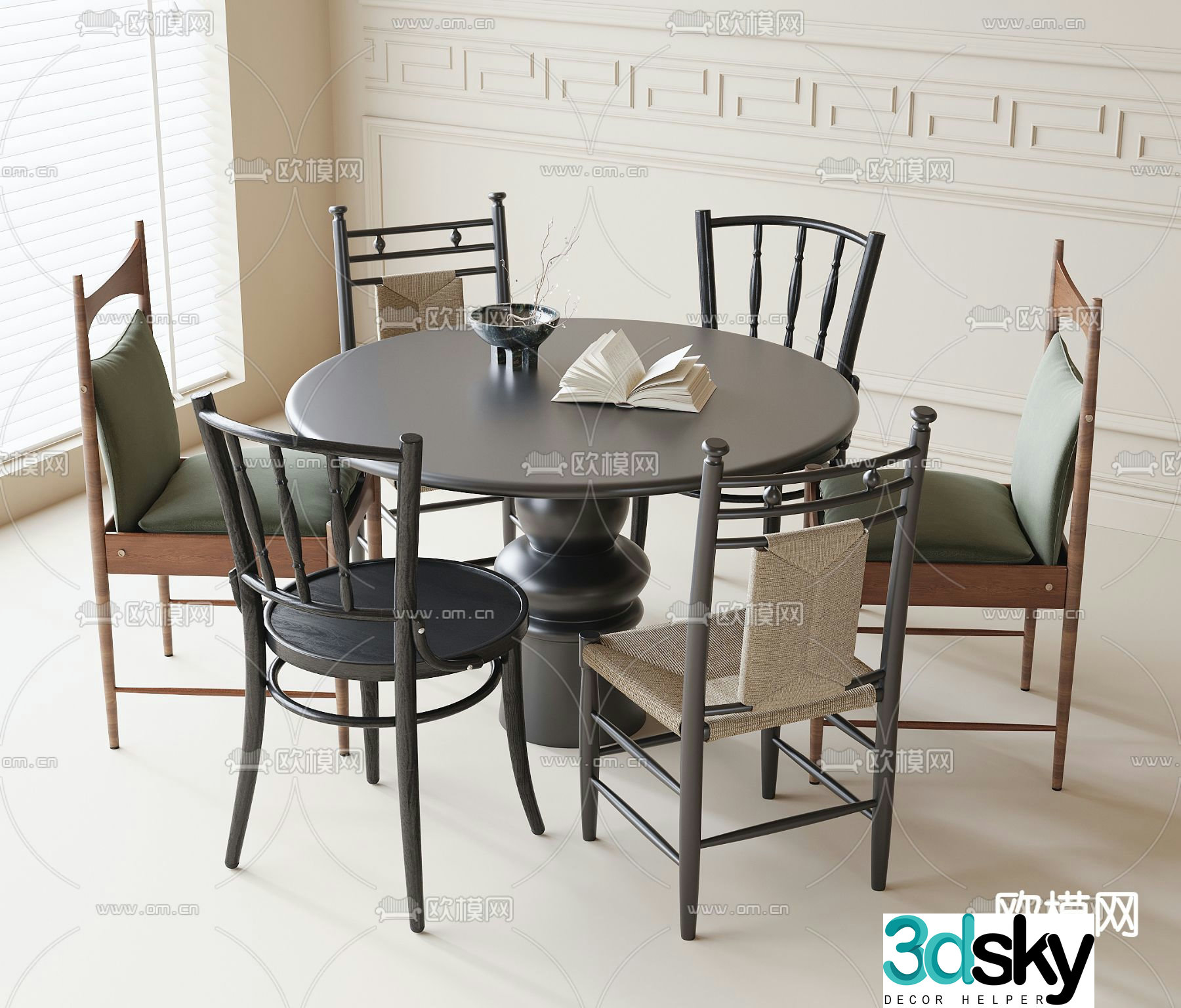 Medium style dining table and chairs Round dining table 3D model