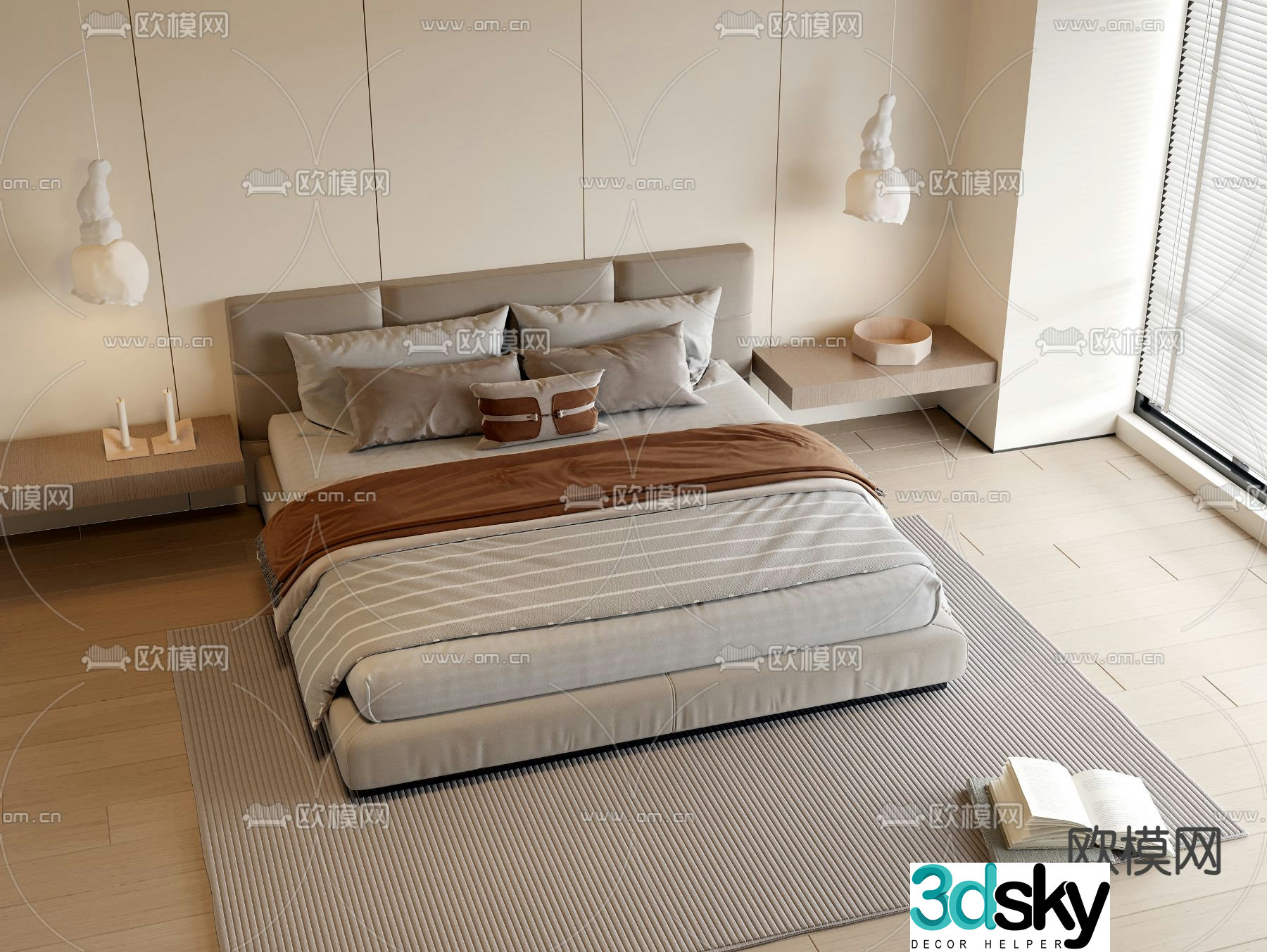 Wabi-sabi style double bed 3d model