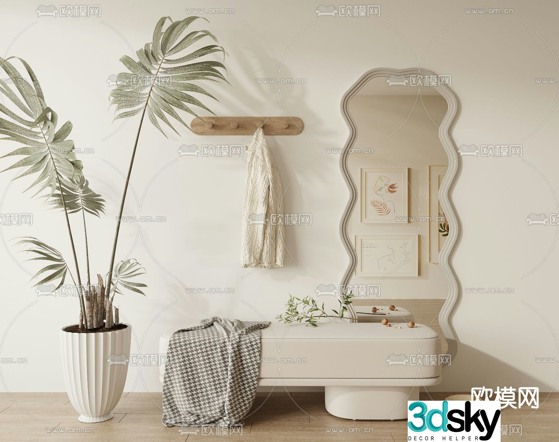 Stool shoe changing stool full-length mirror clothes hanger 3D model