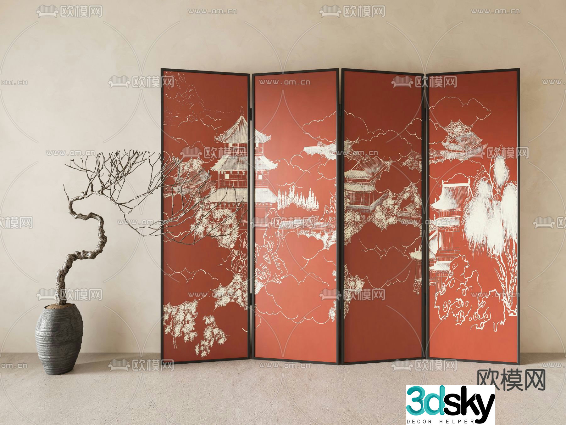New Chinese style mural screen 3D model