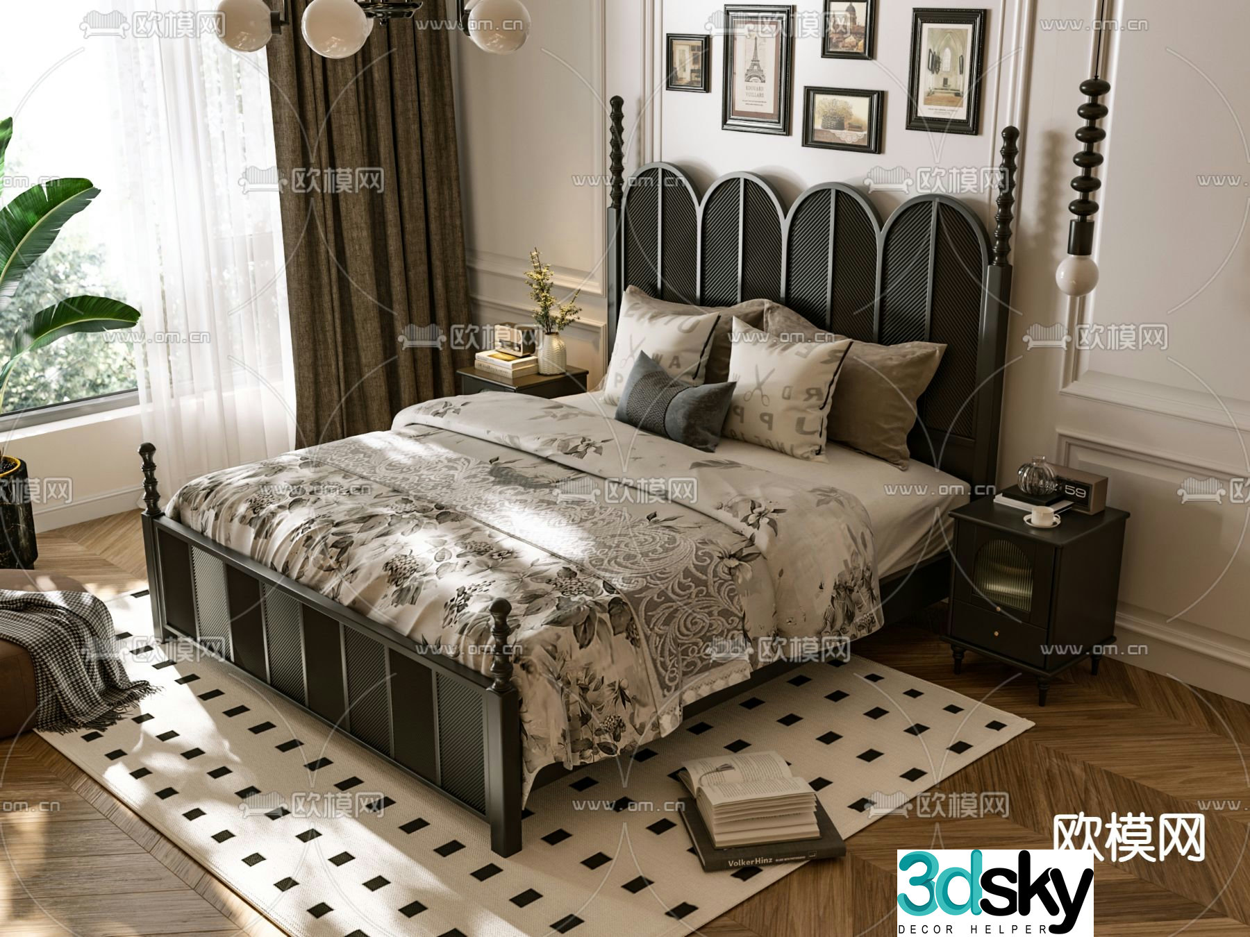 French double bed 3d model