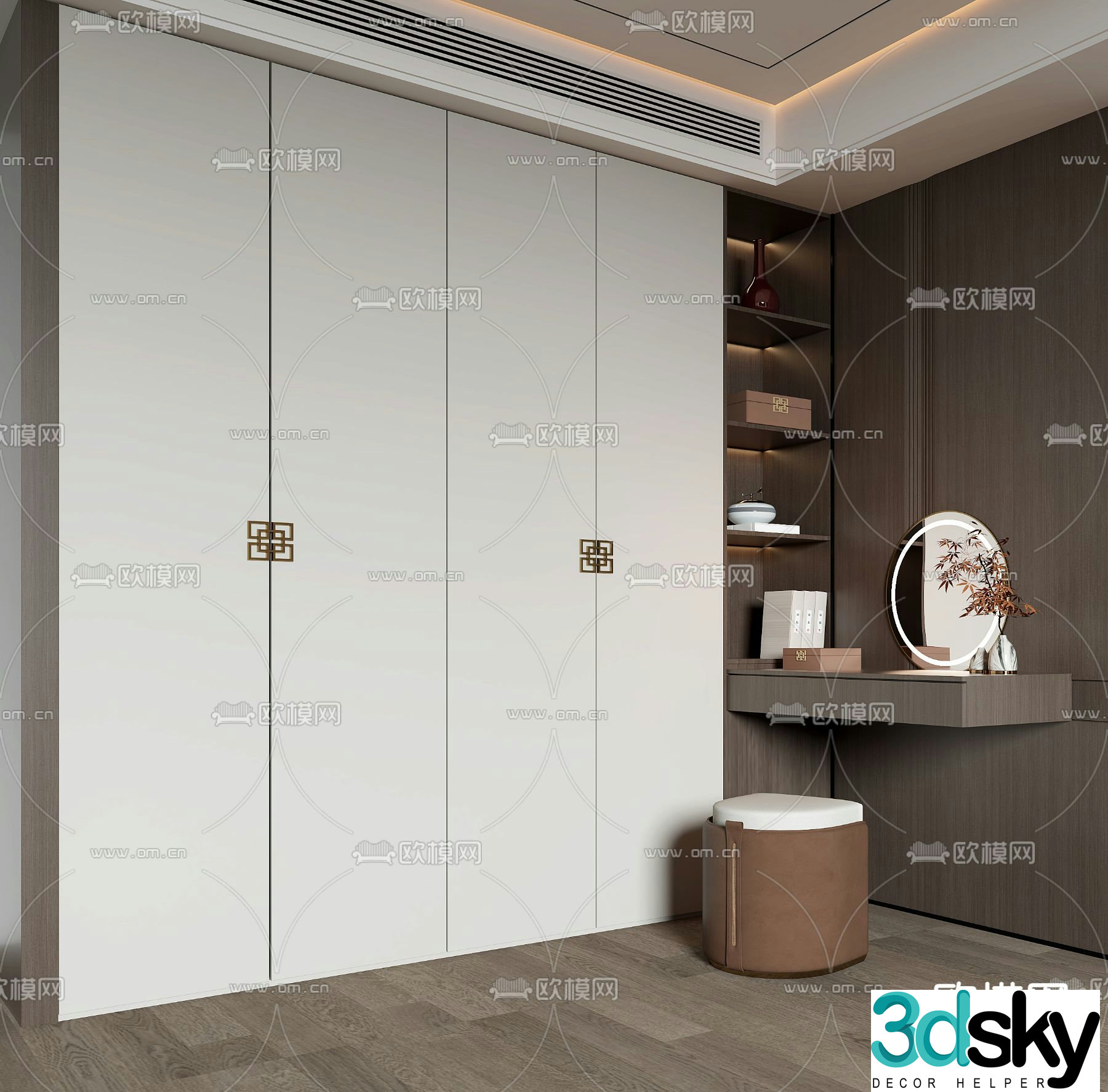 New Chinese style wardrobe dressing table integrated cabinet 3D model