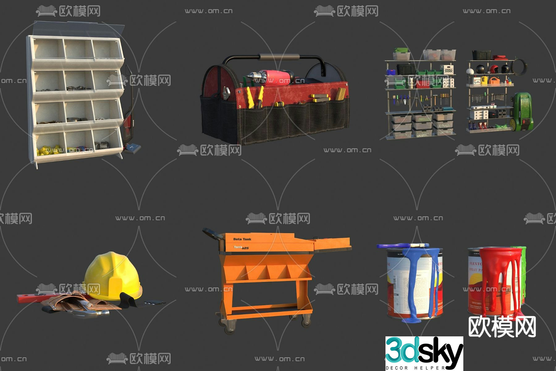 Tool rack tool box paint bucket lawnmower 3d model