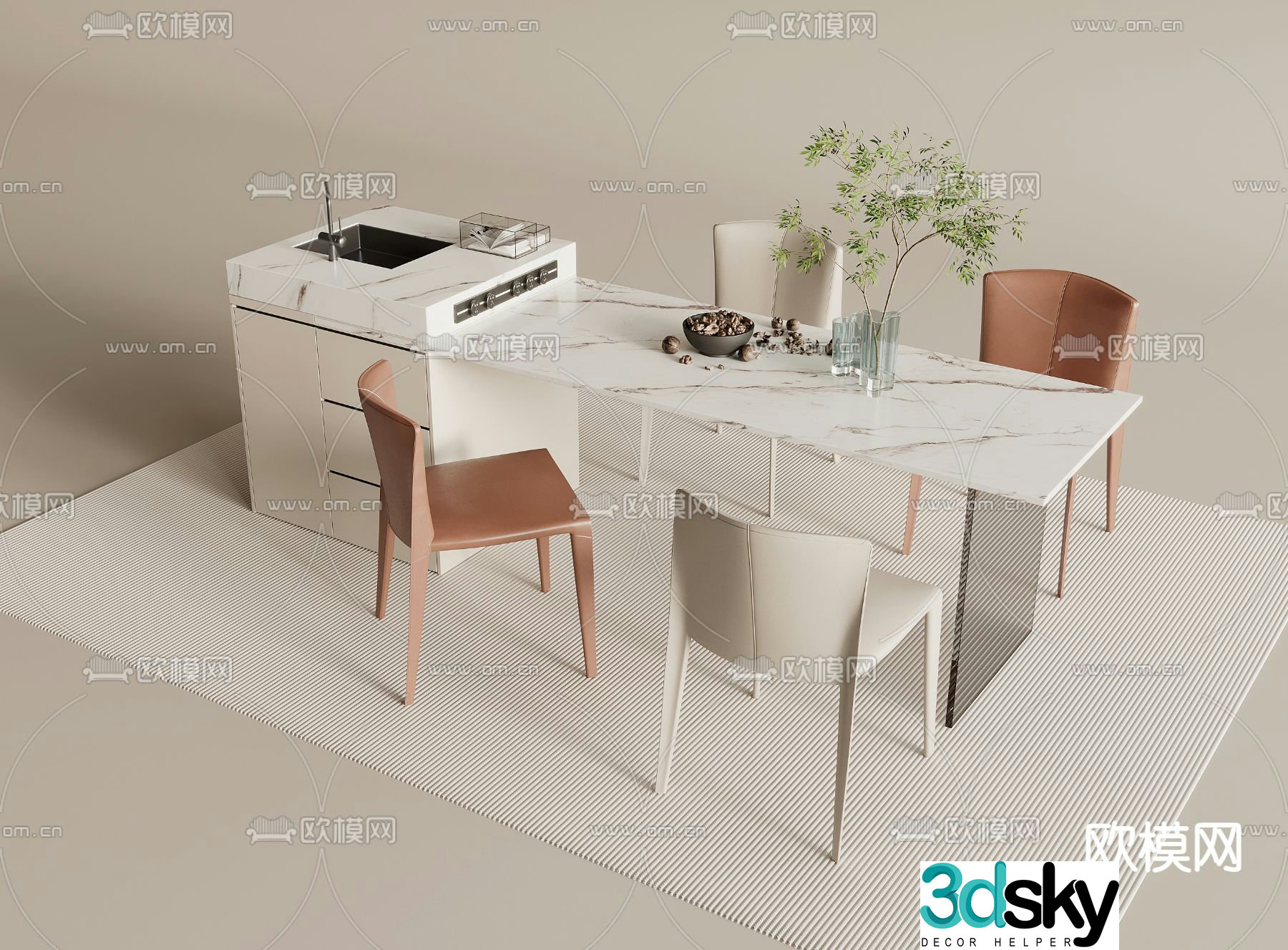 Cream style dining table and chairs island dining table 3d model