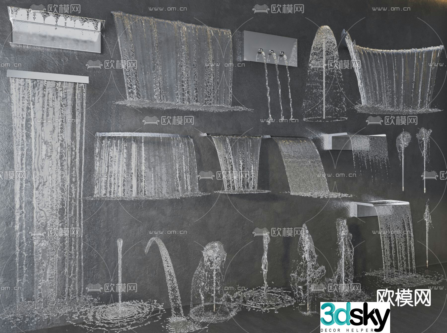 Stacked water fountain water curtain waterfall dry spray 3D model