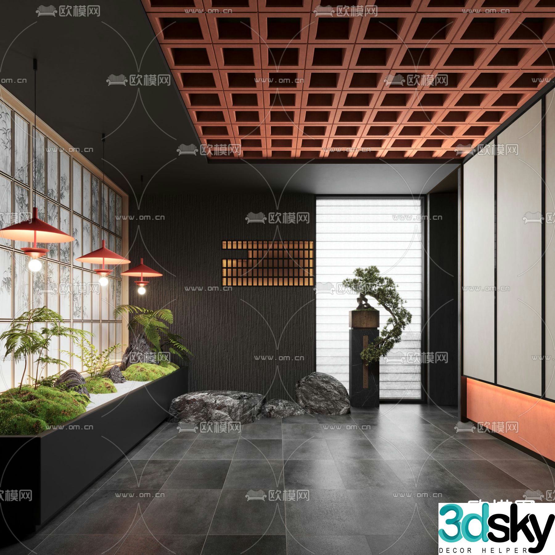 New Chinese style indoor landscape green plant landscaping 3D model