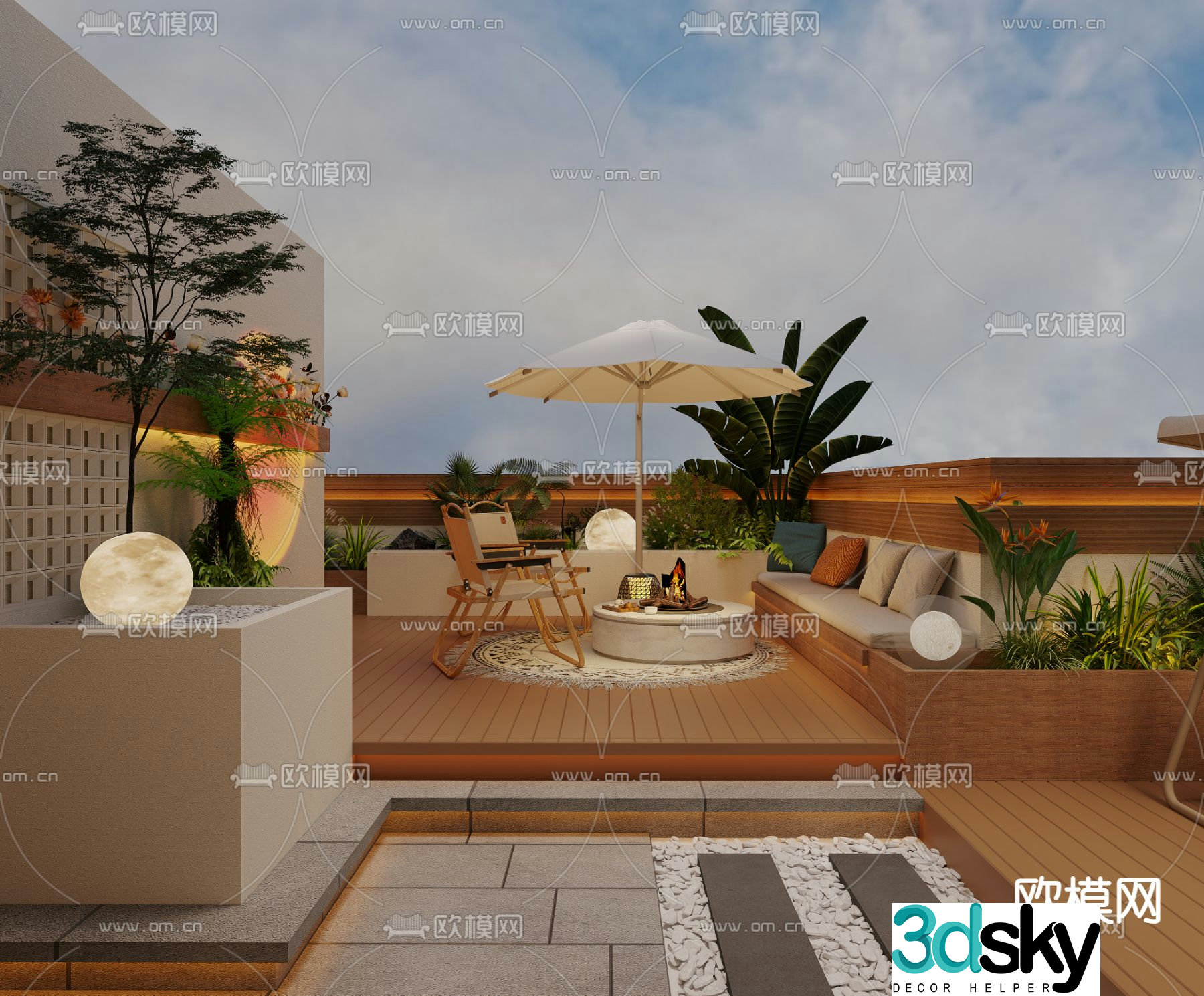 Modern balcony terrace roof garden 3d model