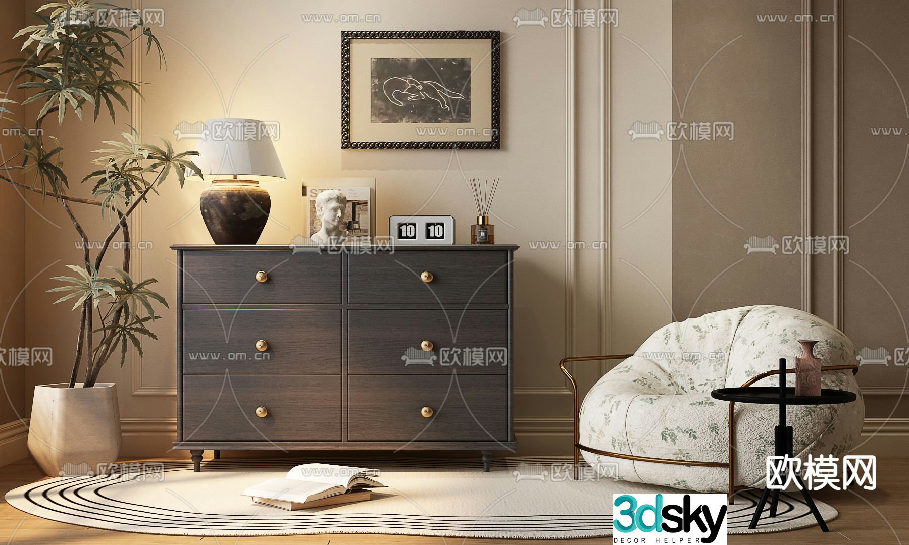 Middle-aged style chest of drawers entrance cabinet 3D model