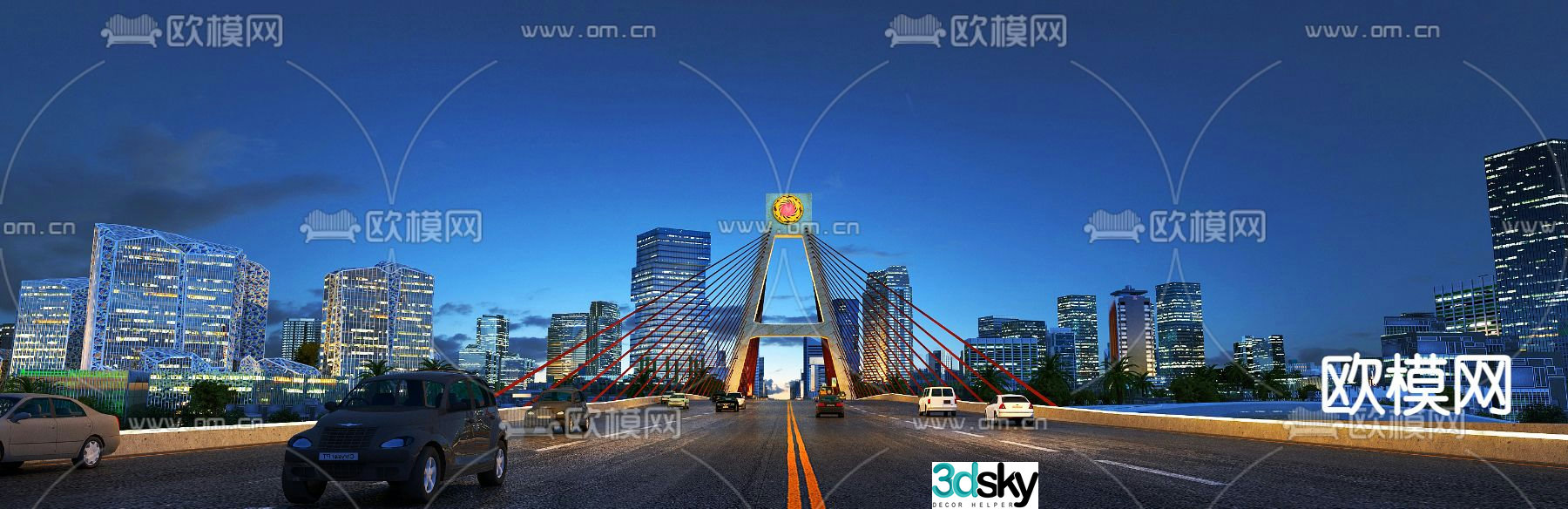City road bridge night view 3d model