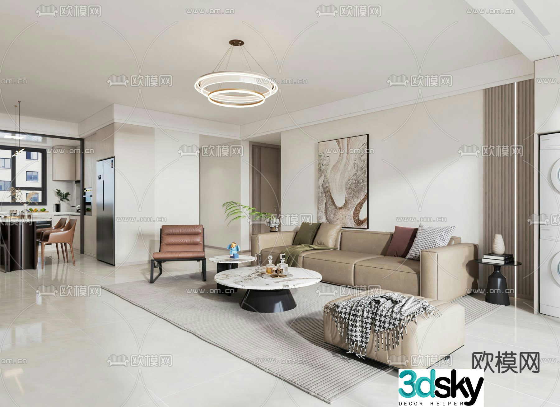 Modern living and dining room 3d model
