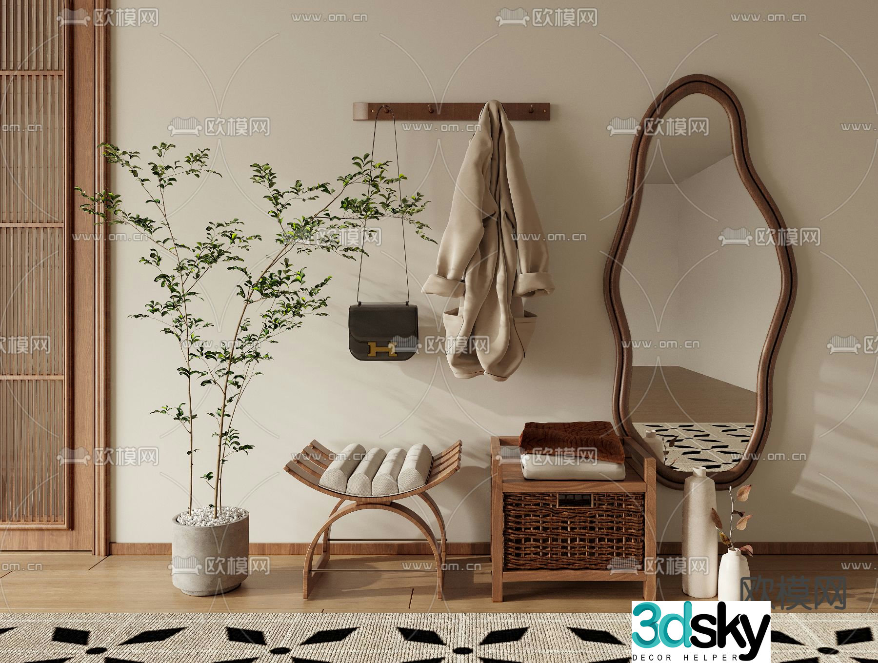 Stool shoe changing stool full-length mirror clothes hanger 3D model