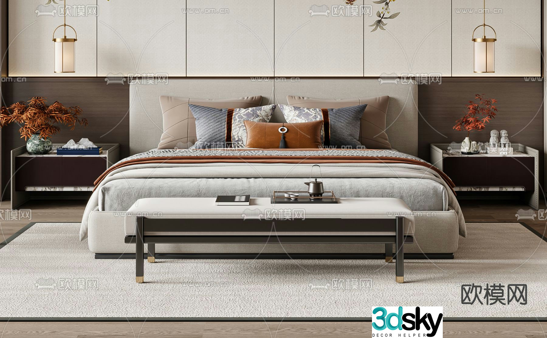 New Chinese style double bed 3d model
