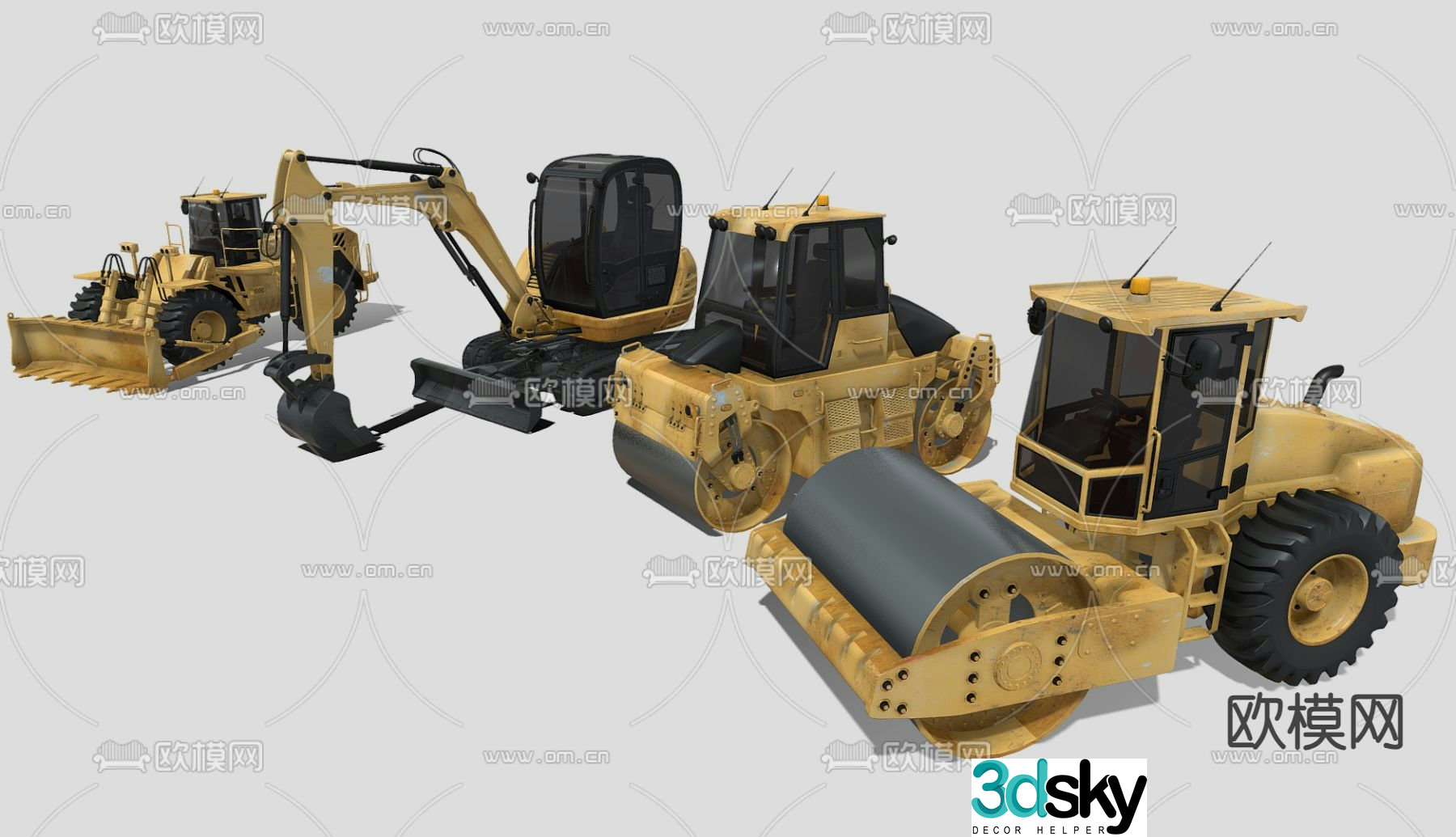 Engineering vehicle bulldozer tractor excavator road roller 3d model