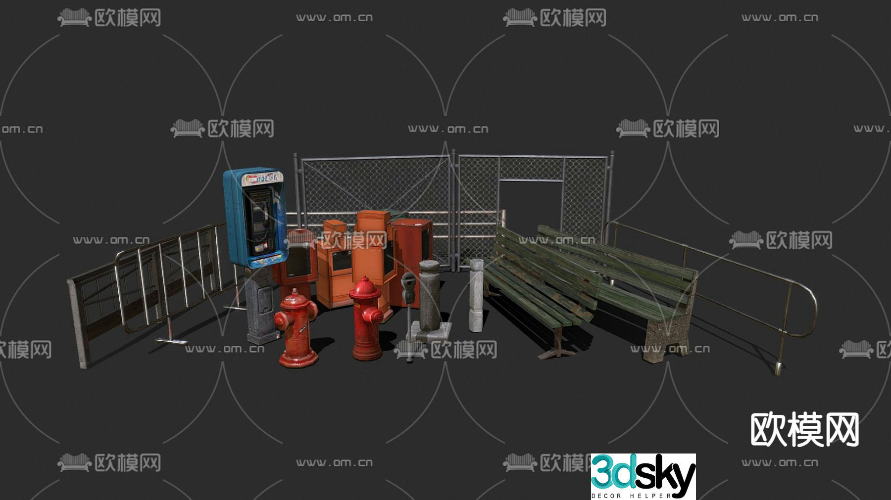 Wrought iron fence, telephone booth, public chair 3d model