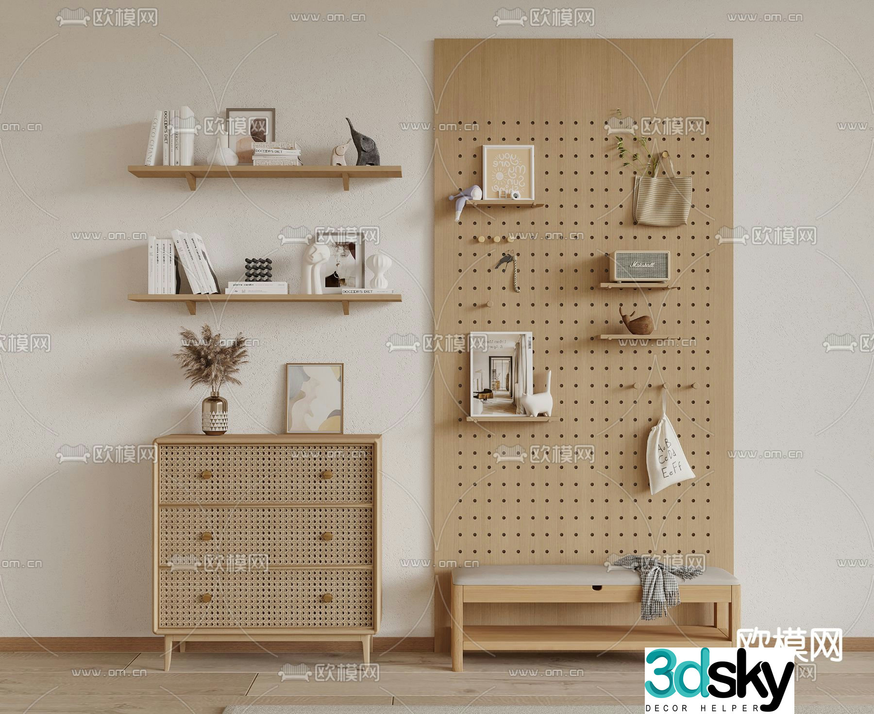 Wabi Sabi Shoe Cabinet Shoe Changing Stool Perforated Board 3D Model