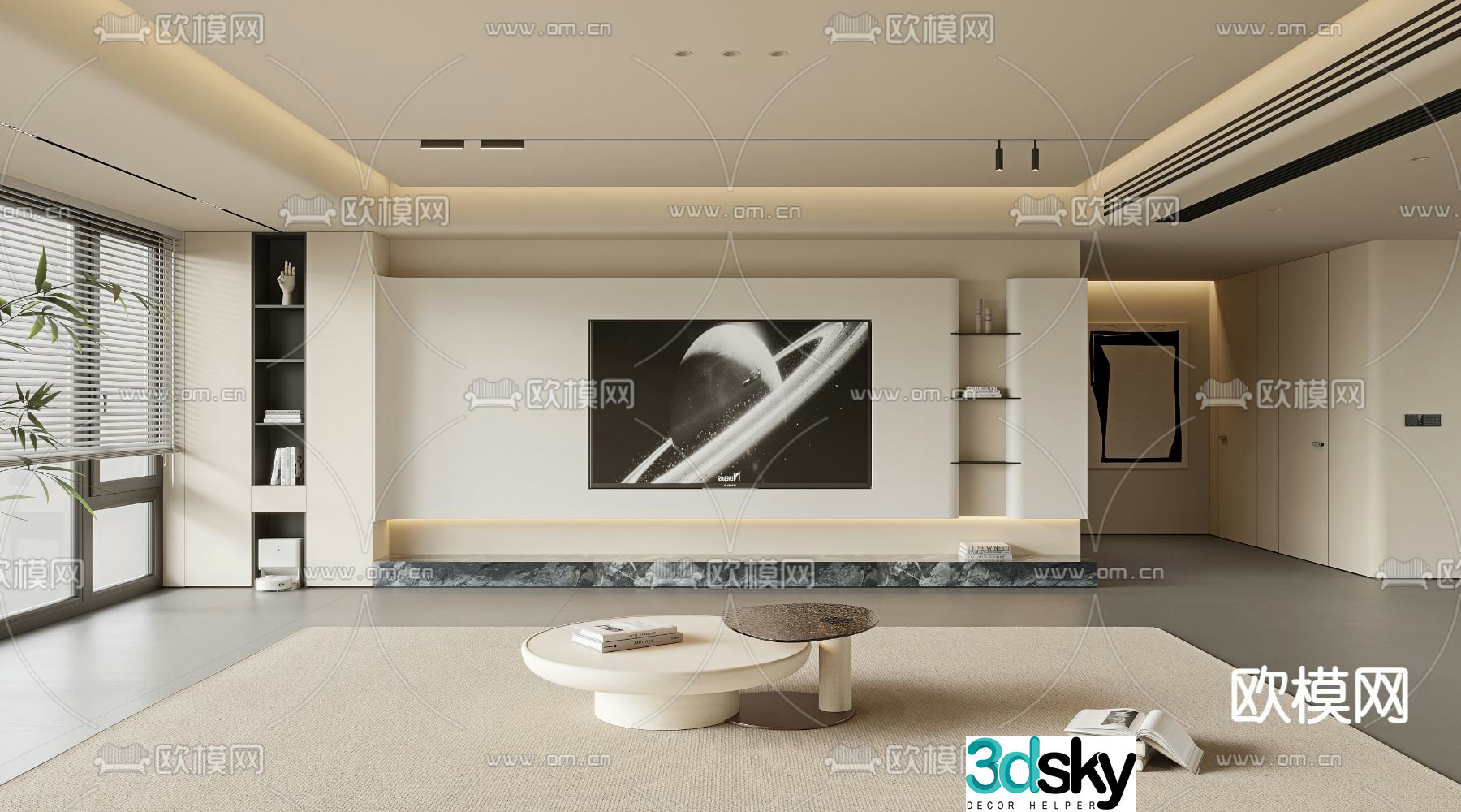 Creamy TV background wall 3d model