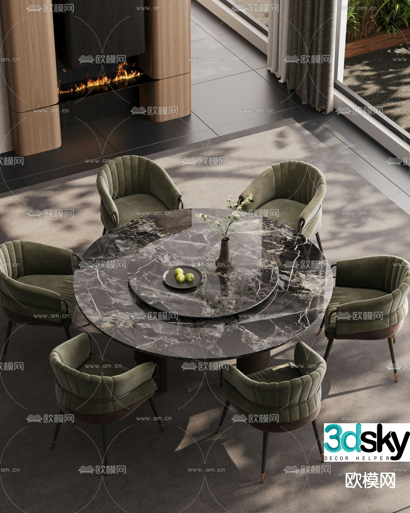 Light luxury dining table and chairs round dining table 3D model