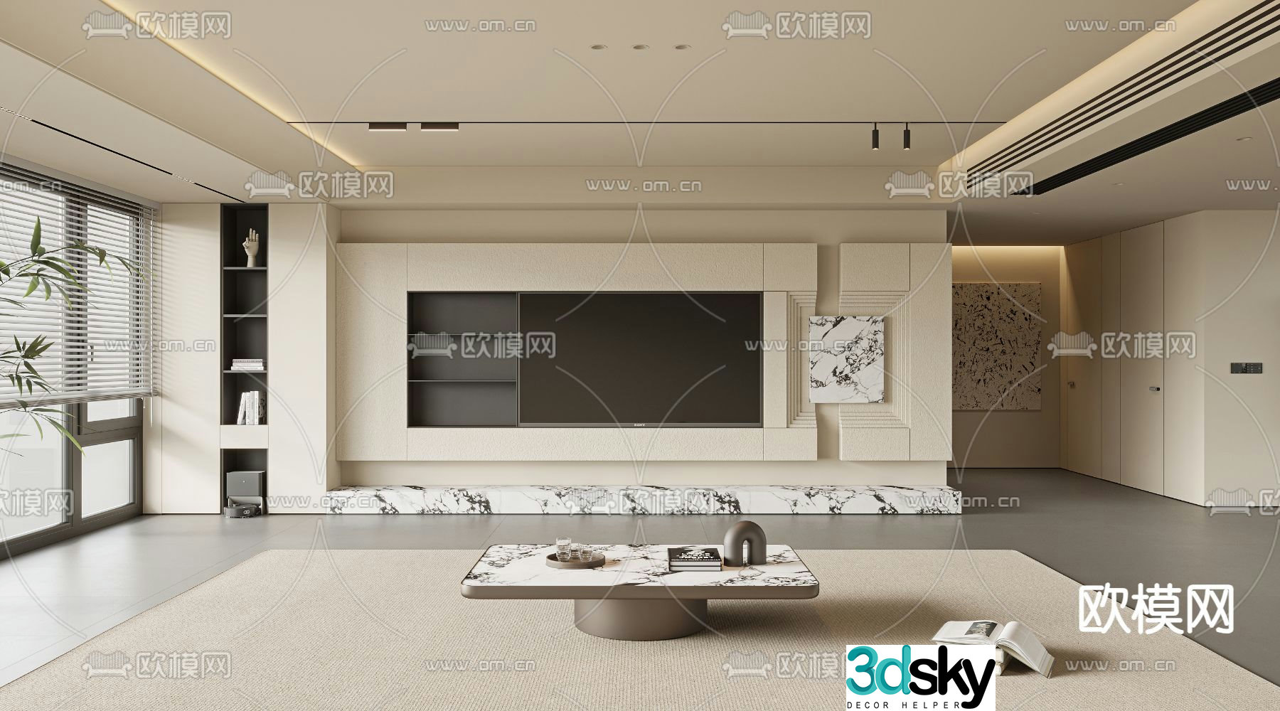 Creamy TV background wall 3d model
