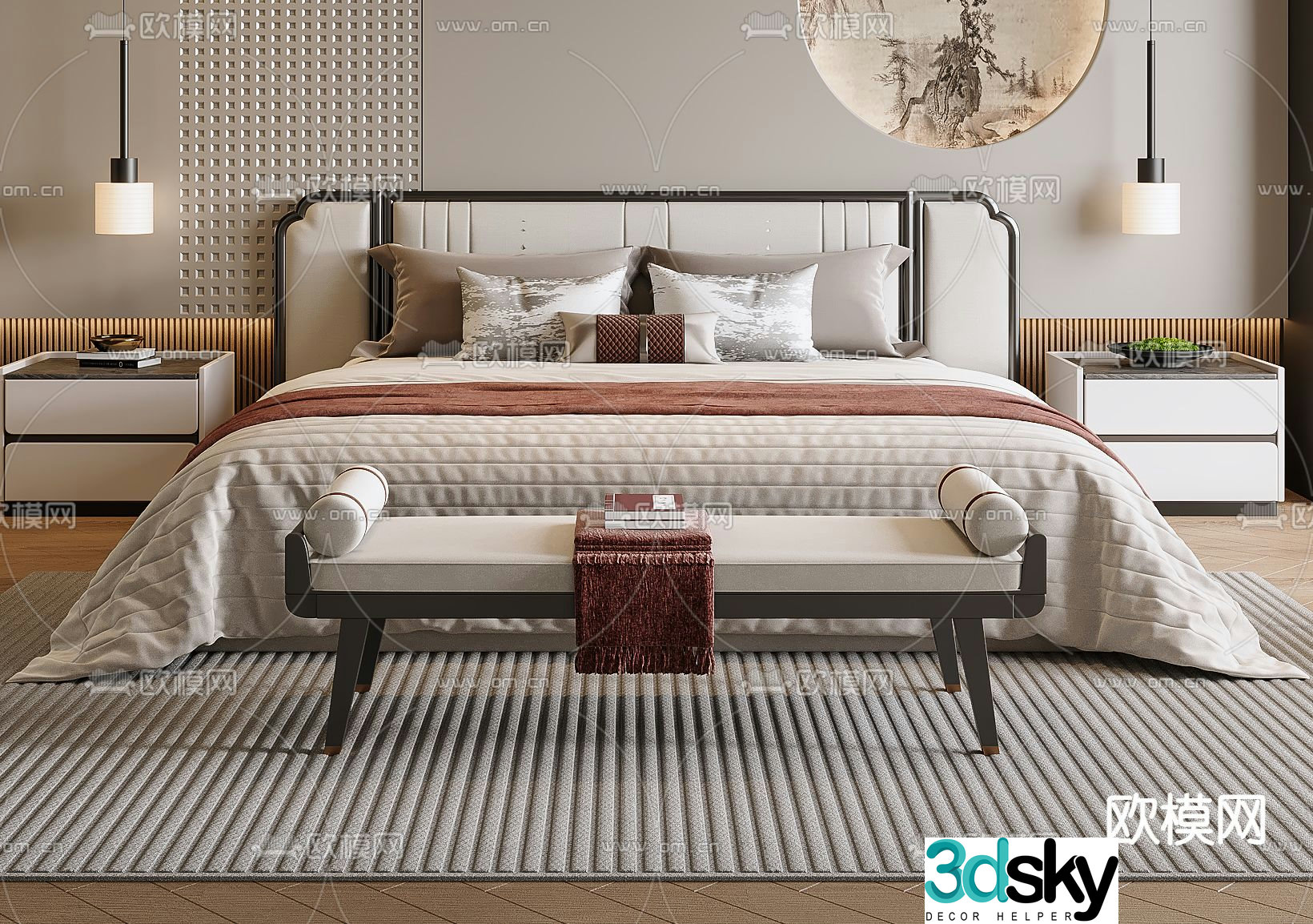 New Chinese style double bed 3d model