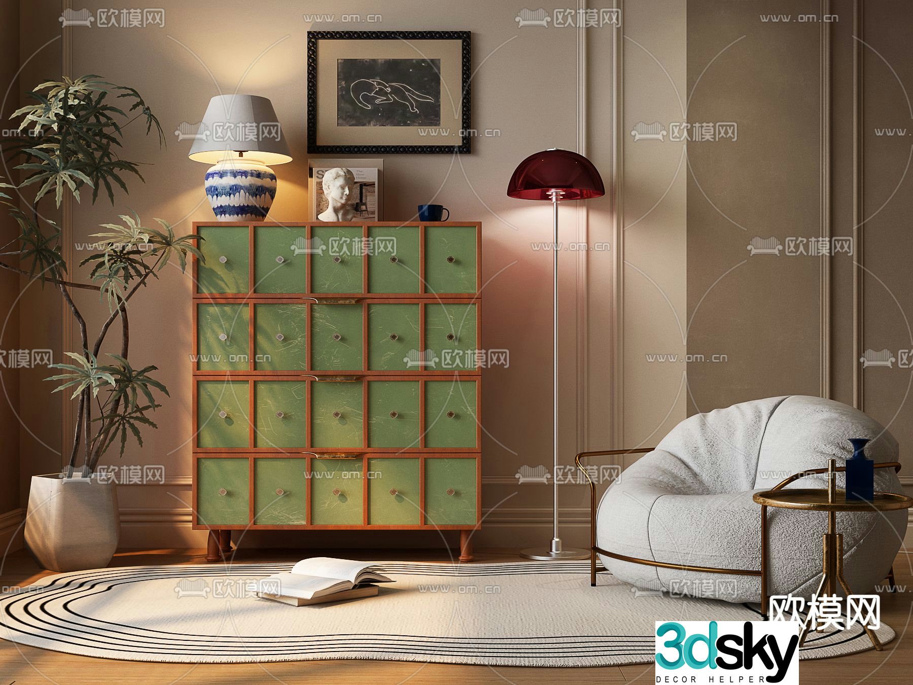 Middle-aged style chest of drawers side cabinet 3D model