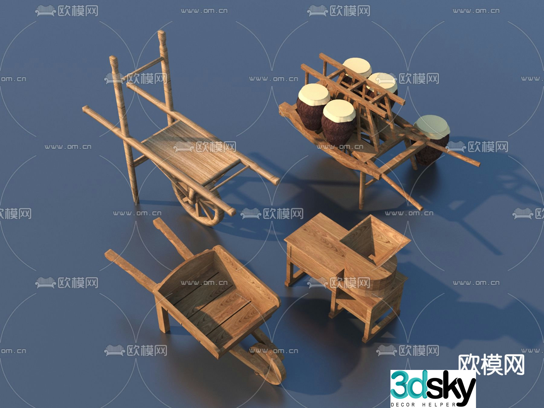 Farming sketches farm tools trolleys wooden carts 3D model