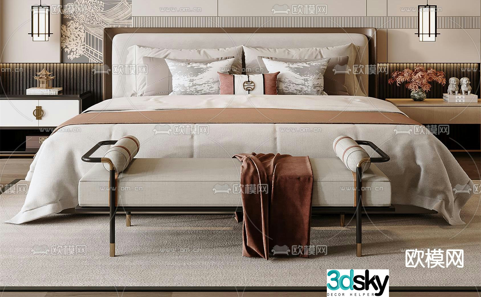 New Chinese style double bed 3d model