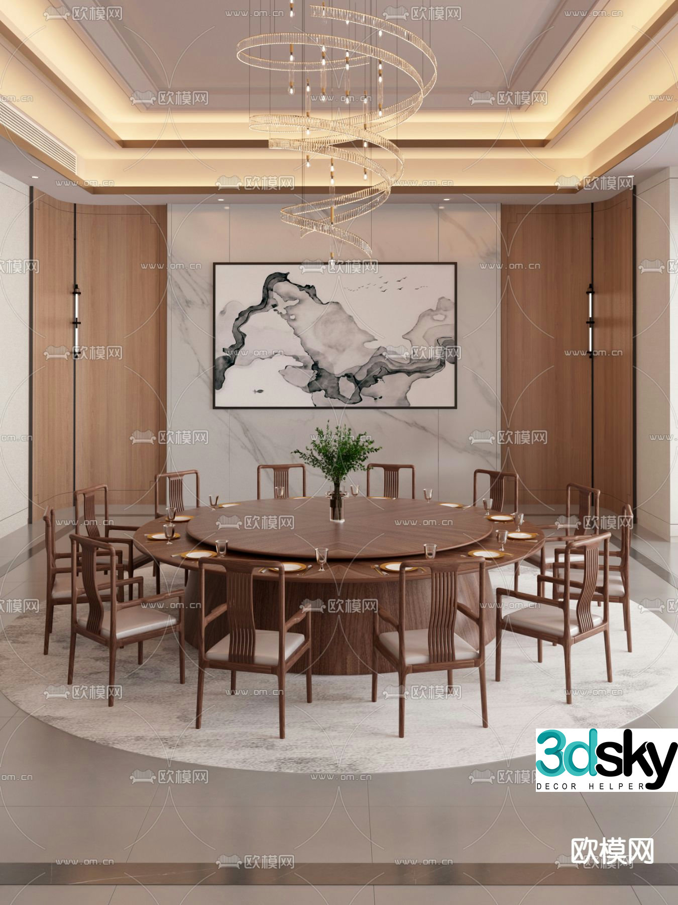 New Chinese round dining table wooden dining table 3D model