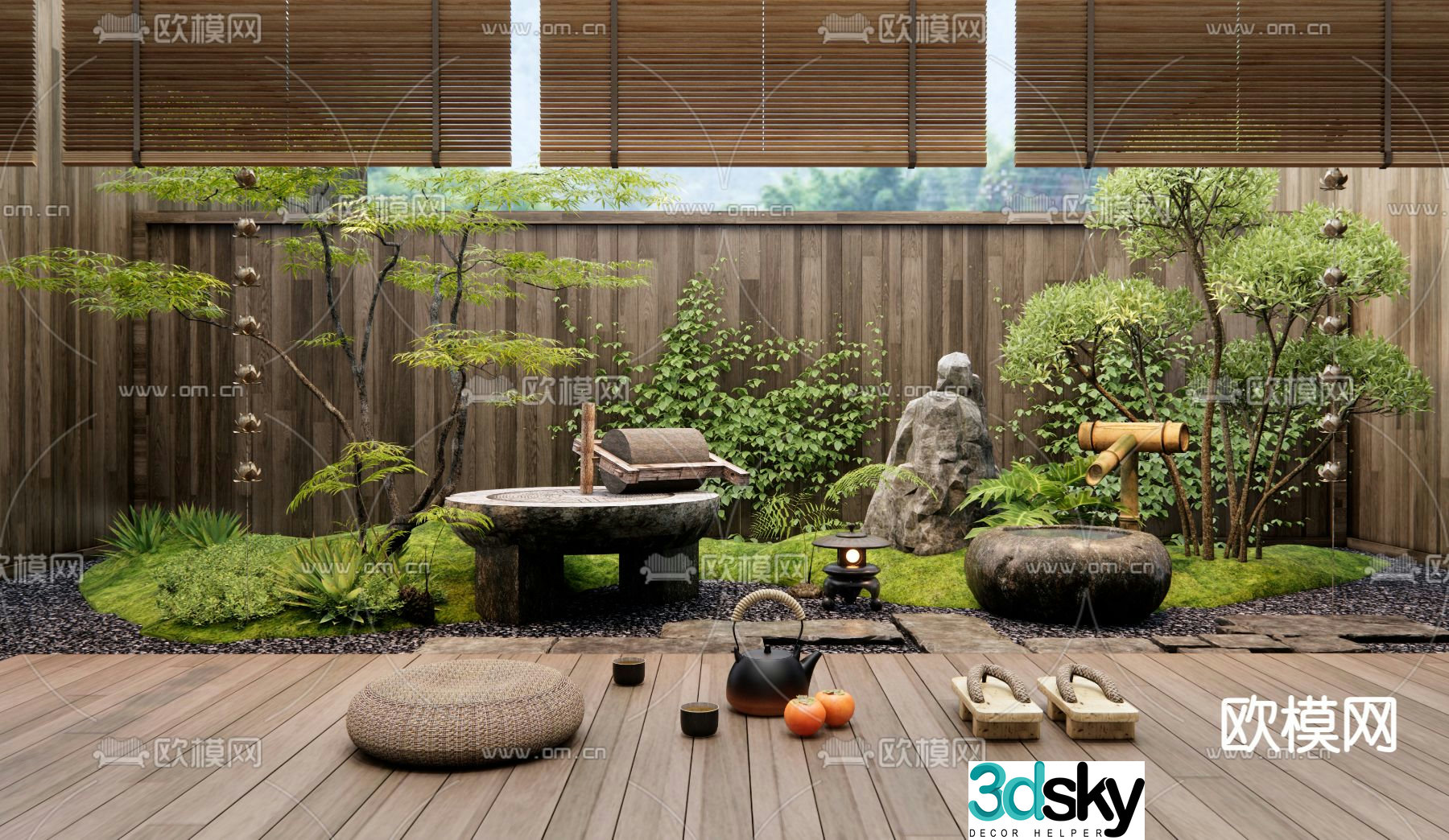 Japanese courtyard landscape indoor water feature 3d model