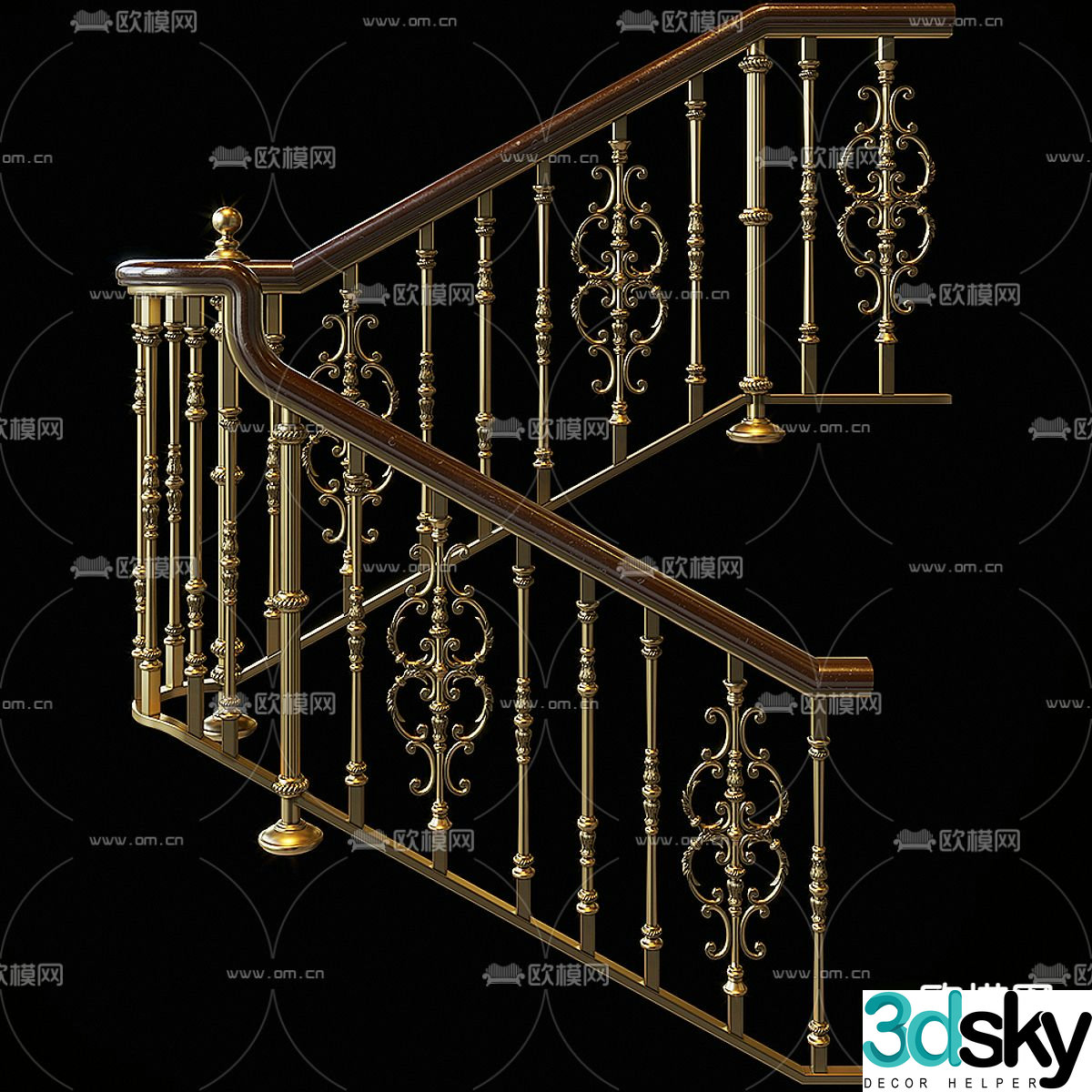 Simplified European railing stair handrail 3d model