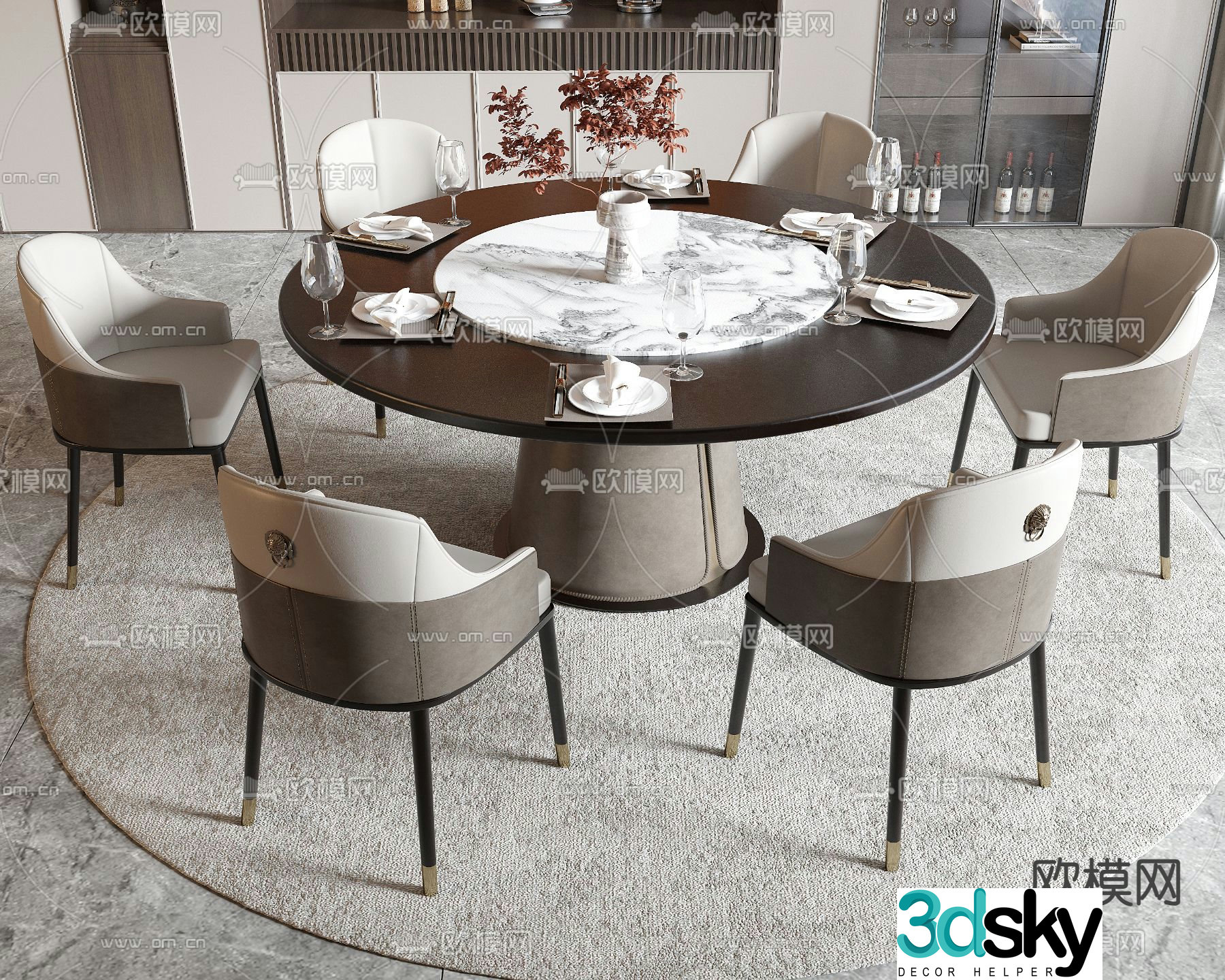 New Chinese style dining table and chairs round dining table 3d model