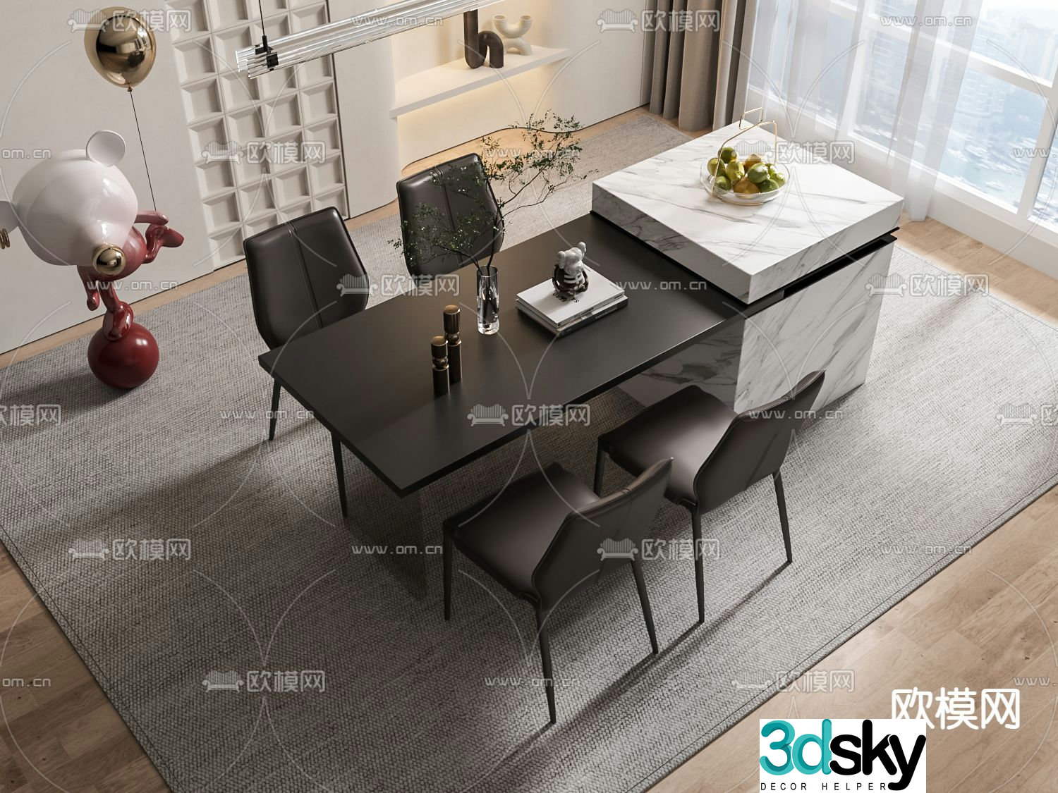 Island dining table and chairs 3d model