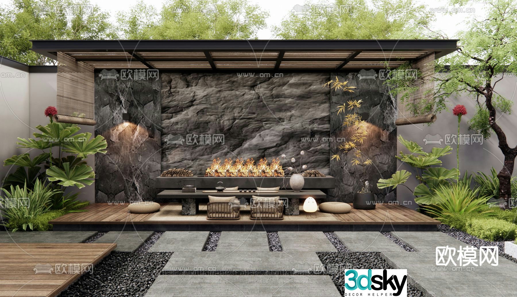 Courtyard landscape outdoor tea room courtyard garden 3d model