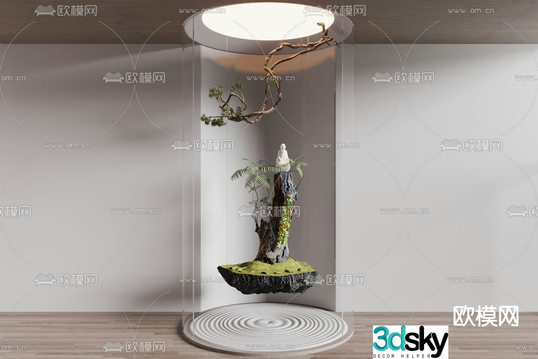 Dead wood and green plants landscaping 3D model of landscape sketch