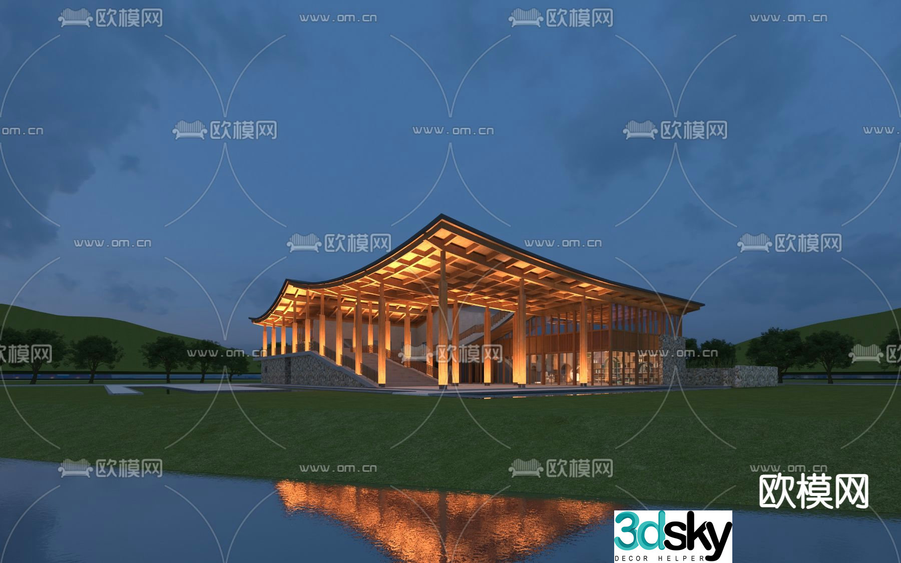 New Chinese style exhibition hall single building 3D model