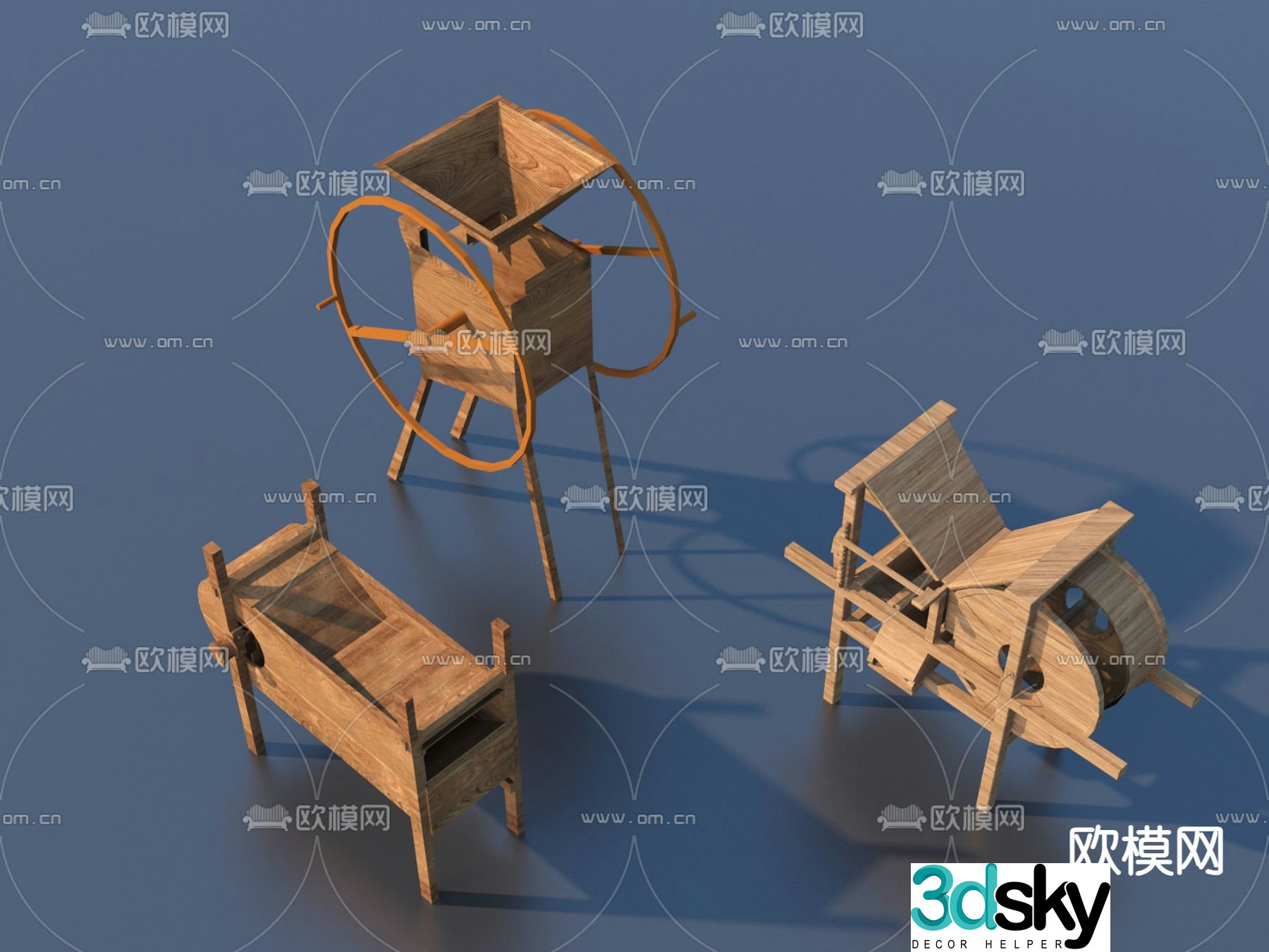 Chinese rural farming sketches 3D model of farm tools