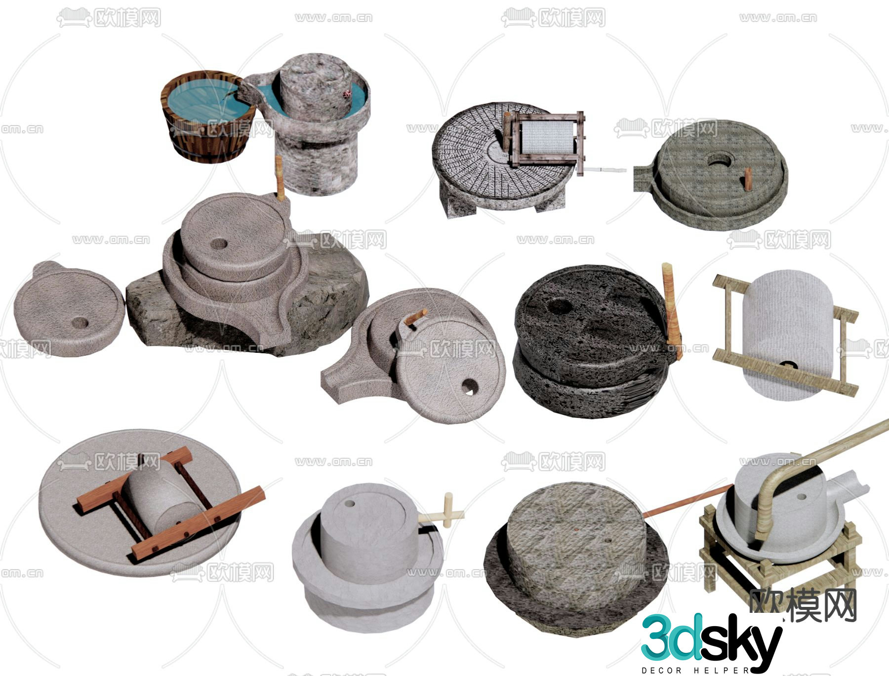 Chinese stone mill millstone stone mill 3d model
