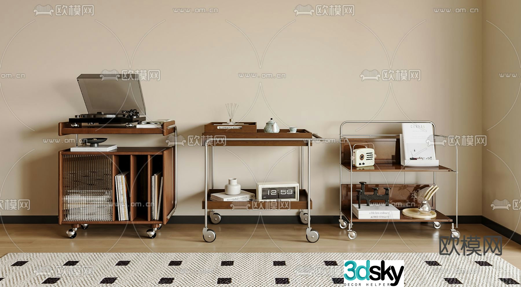 Medieval style movable side table and trolley 3D model