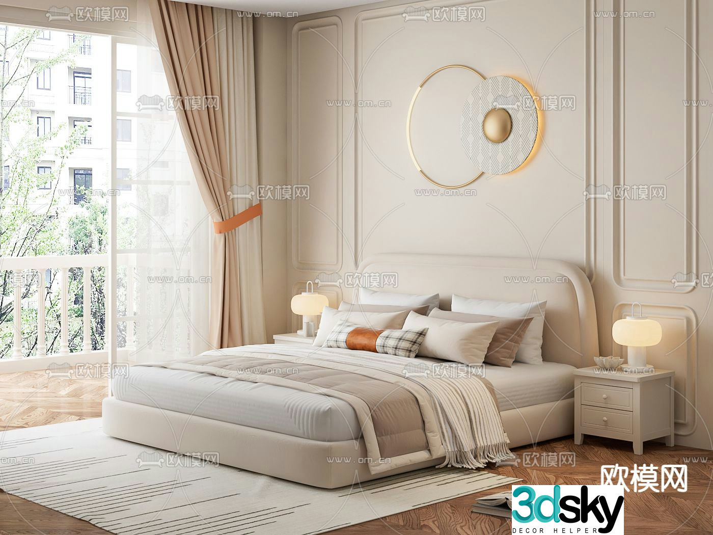 Cream style double bed 3d model