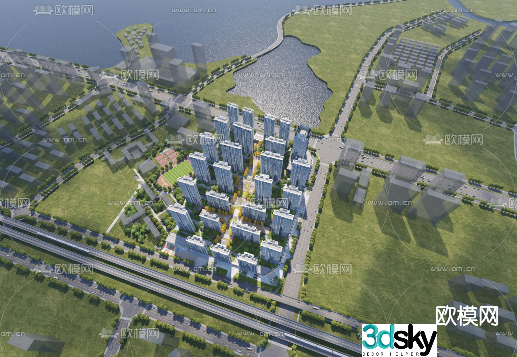 Aerial view planning 3D model of modern residential complex