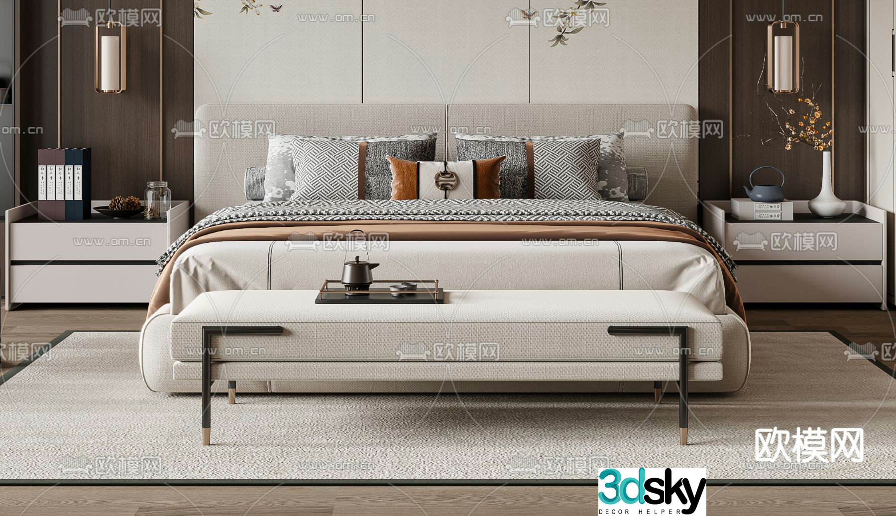New Chinese style double bed 3d model