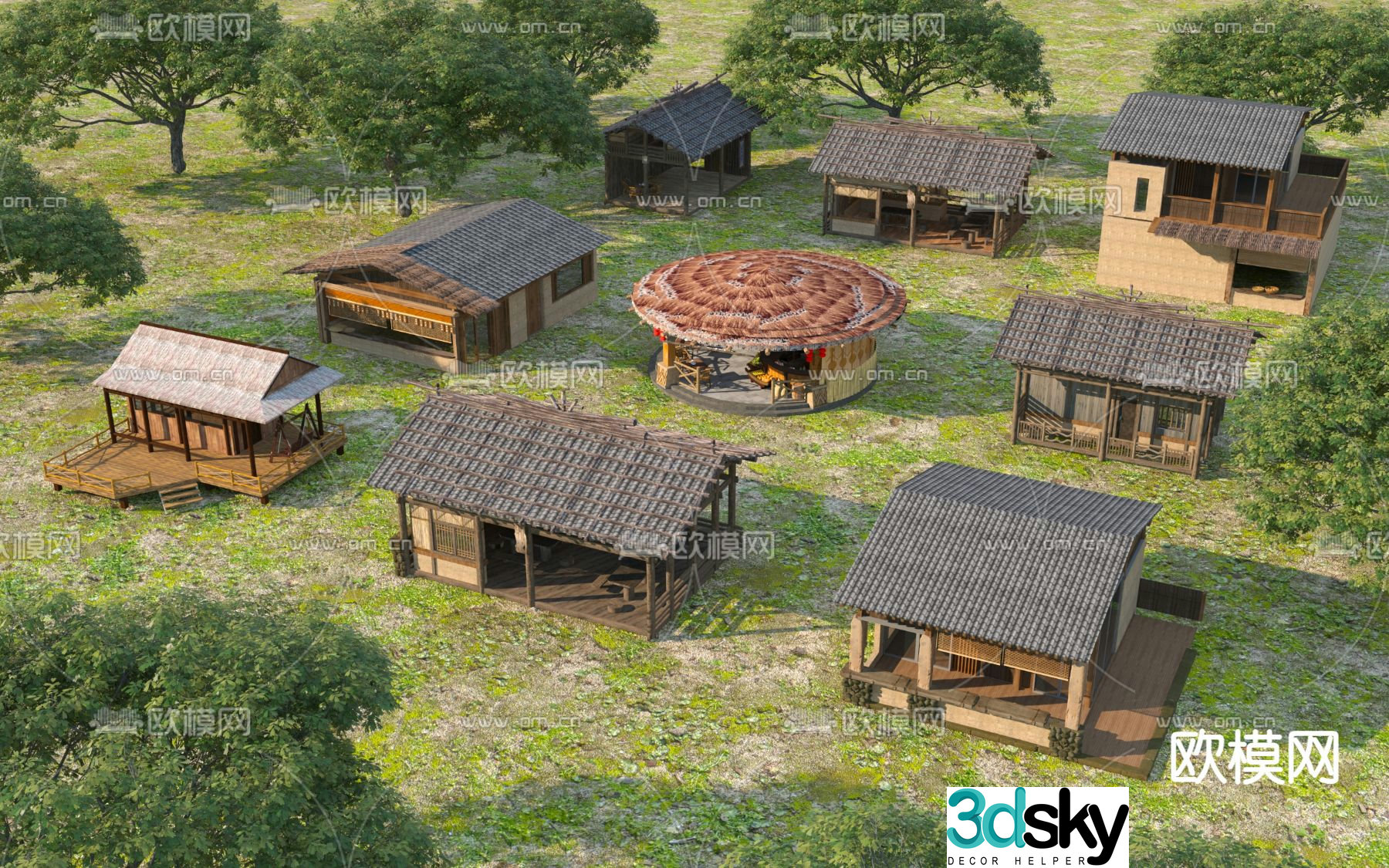 New Chinese style ancient building rural house thatched hut 3D model