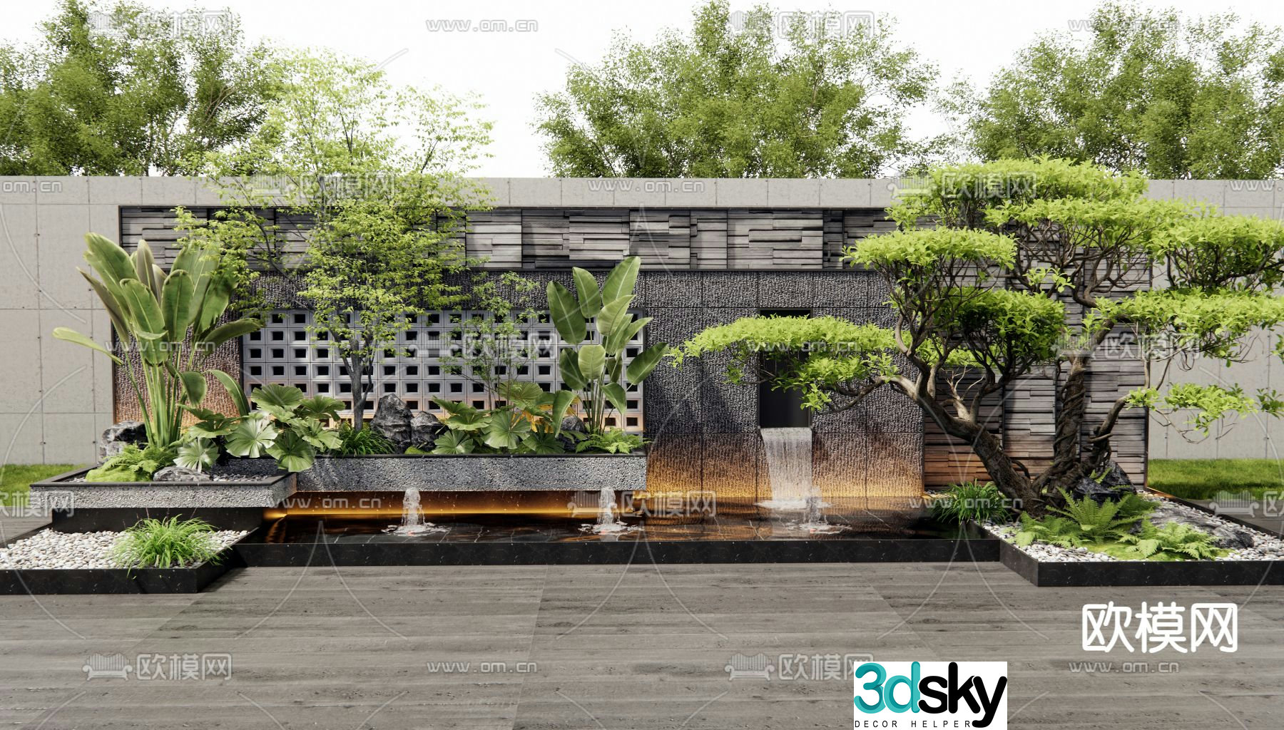 Falling water landscape flowing water feature wall pool fountain 3D model