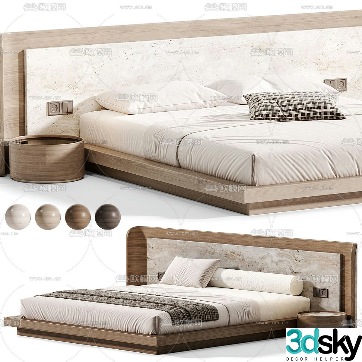 Modern double bed solid wood bed 3d model