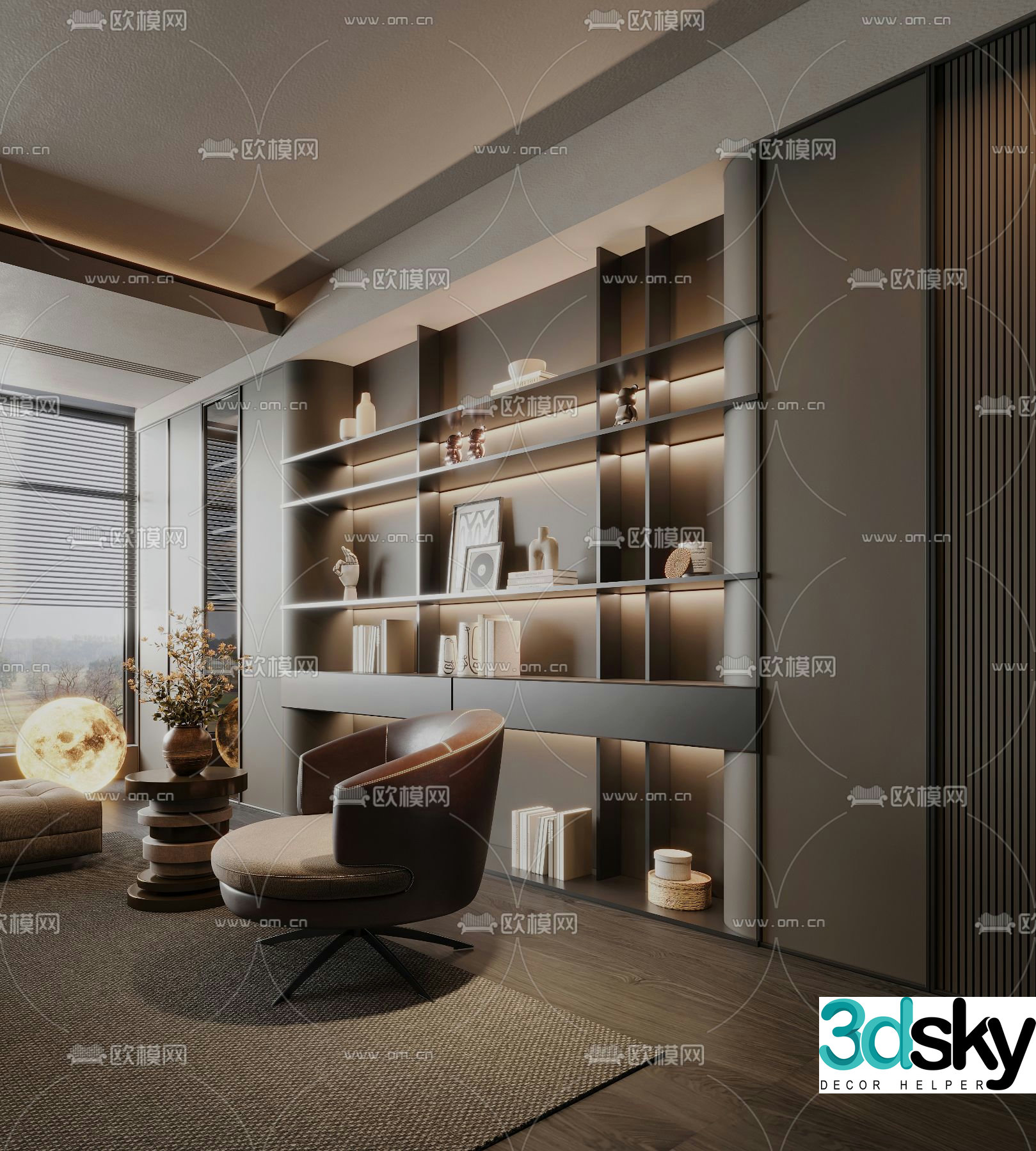 bookcase bookshelf sofa background 3d model