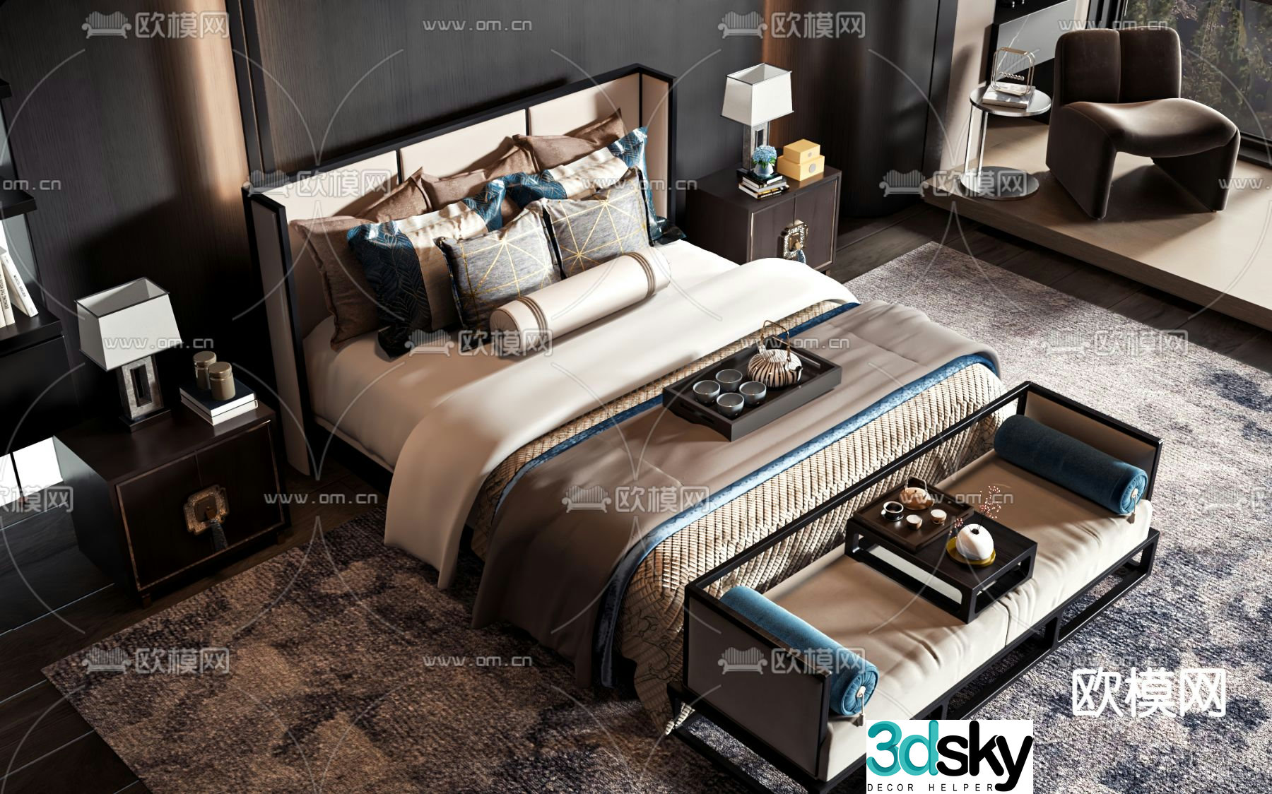 New Chinese style double bed 3d model