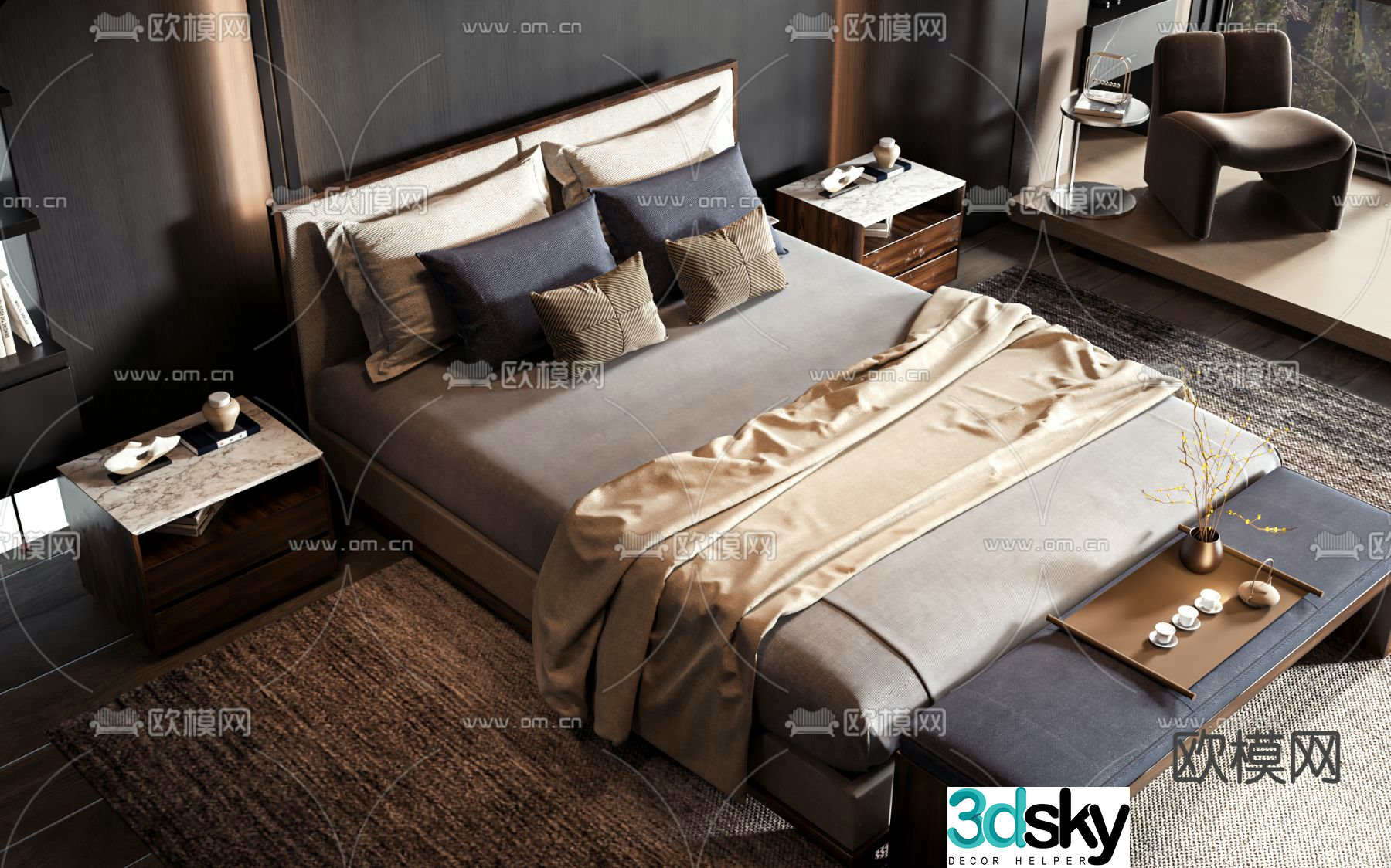 New Chinese style double bed 3d model