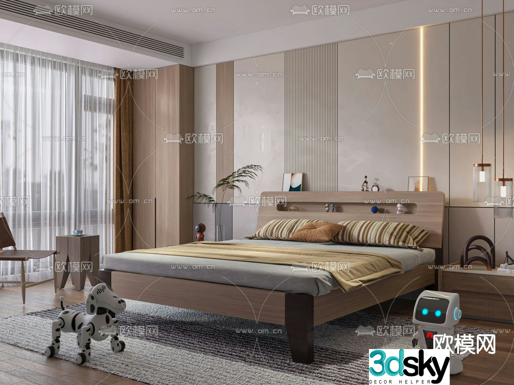 Solid wood double bed 3d model