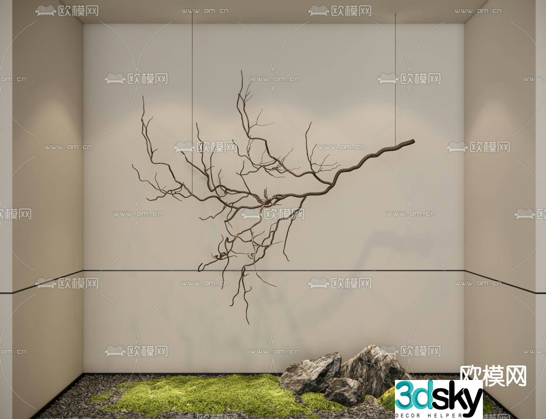 Indoor landscaping moss sketch hanging dead branches 3D model