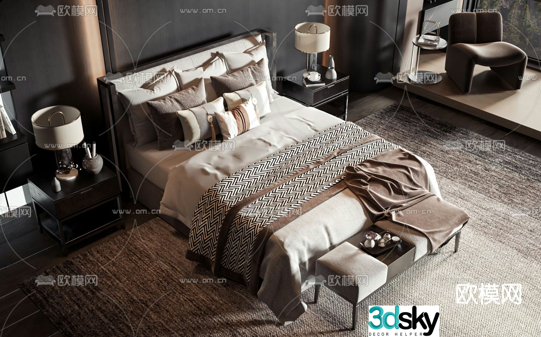 New Chinese style double bed 3d model