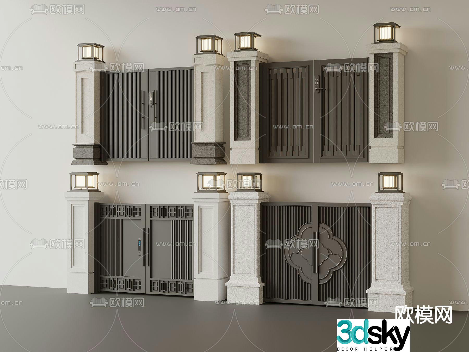 New Chinese style double-opening door villa courtyard door 3D model